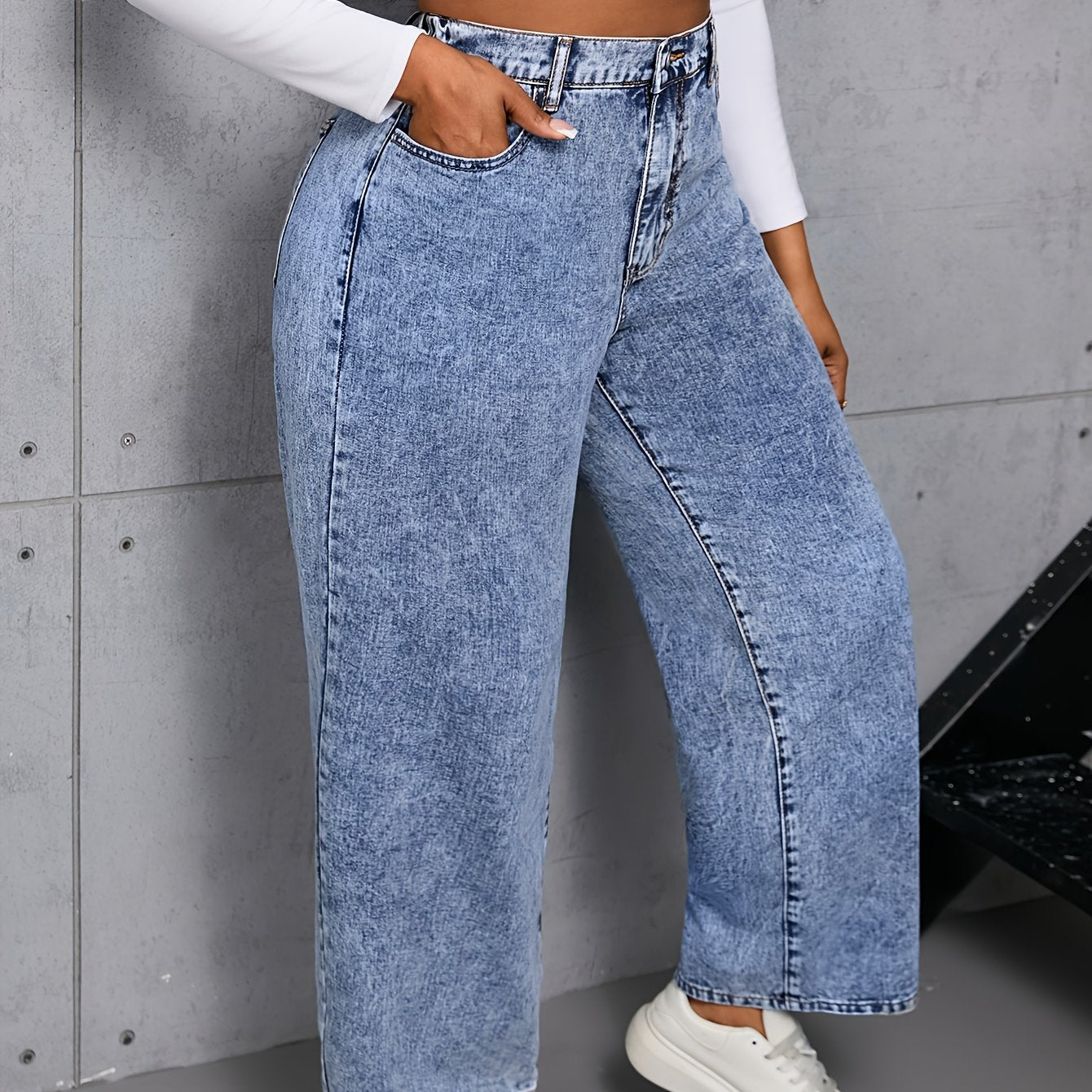 Plus Size High Waist Straight Leg Jeans Casual Washed Denim Solid Color Wide Leg Pants