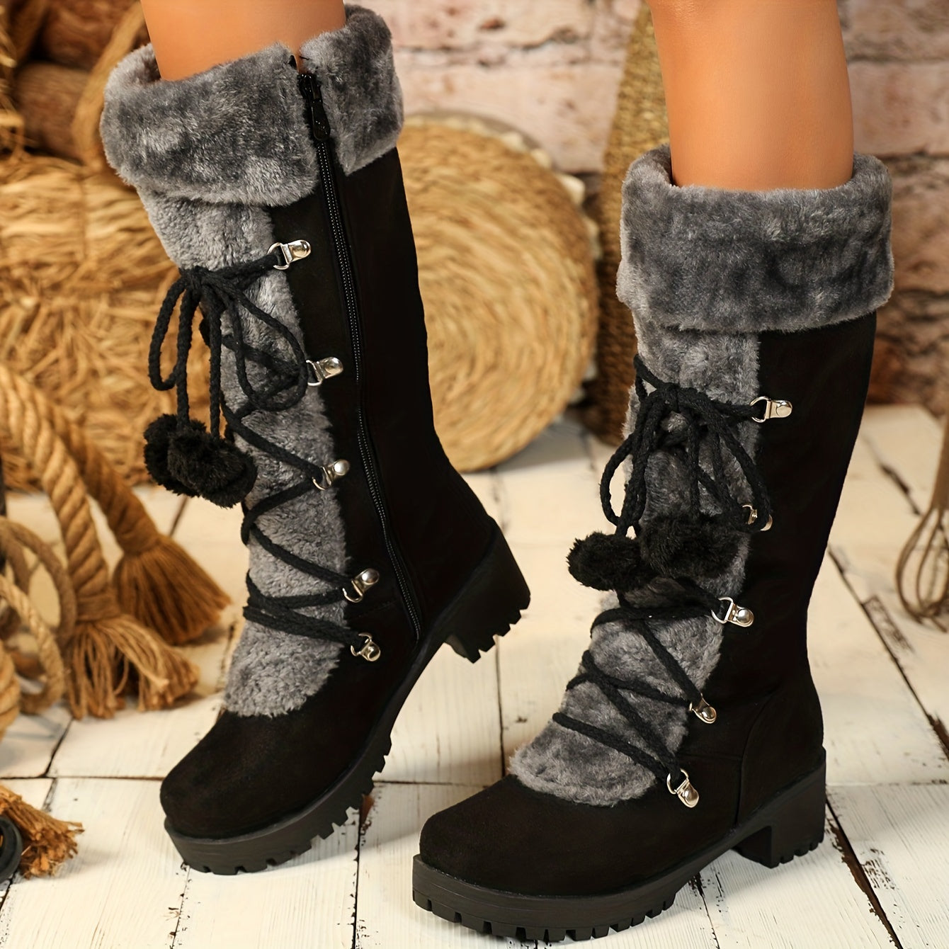 Women's Winter Faux Fur-Lined Mid-Calf Snow Boots with Chunky Heel