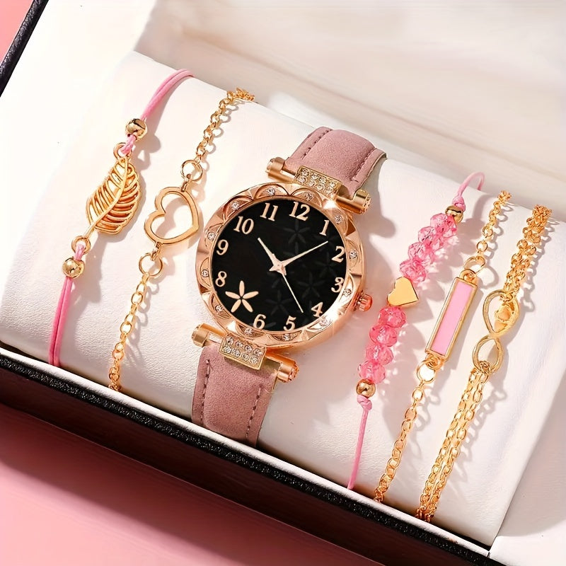 Six Pieces Women's Quartz Watches with PU Leather Straps and Zinc Alloy Dial and Bracelet