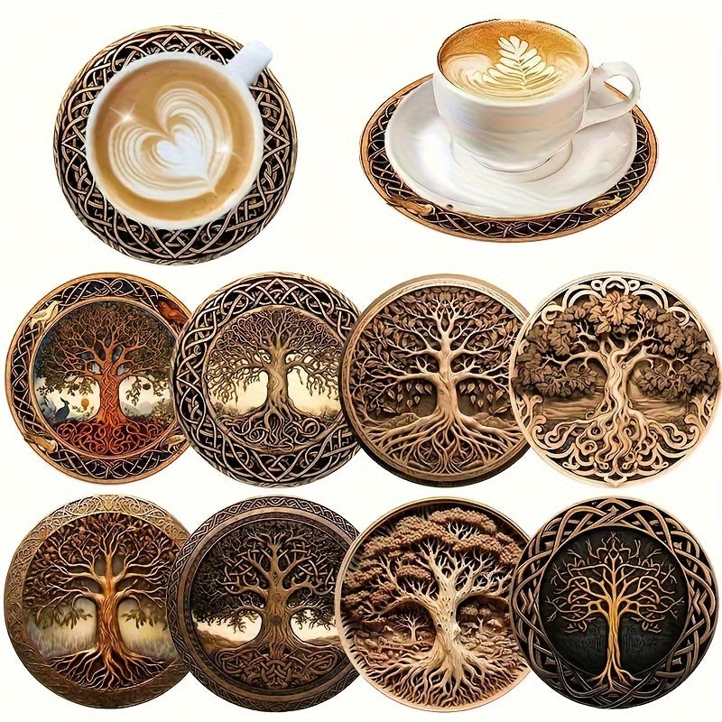 8pcs Wooden Coasters Tree of Life Artistic Design for Drinks Coffee Tea Home Restaurant
