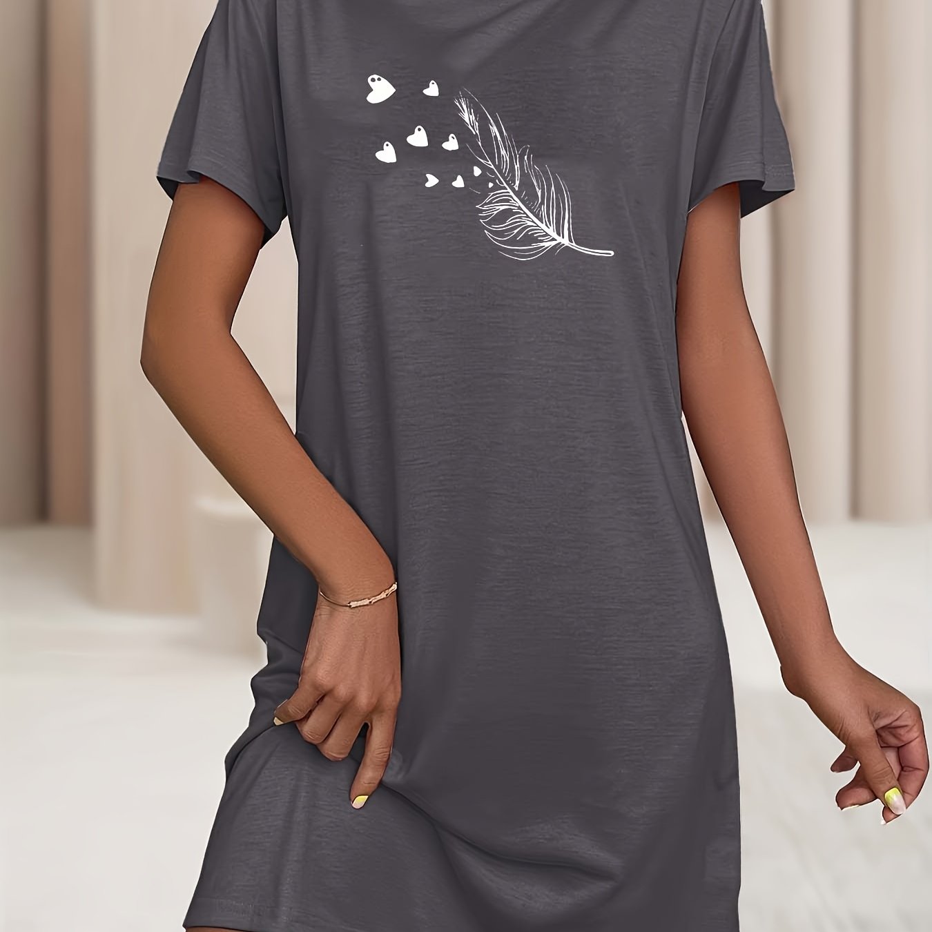 Women's Heart Pattern Sleep Dress Soft Stretchy Short Sleeve Nightgown