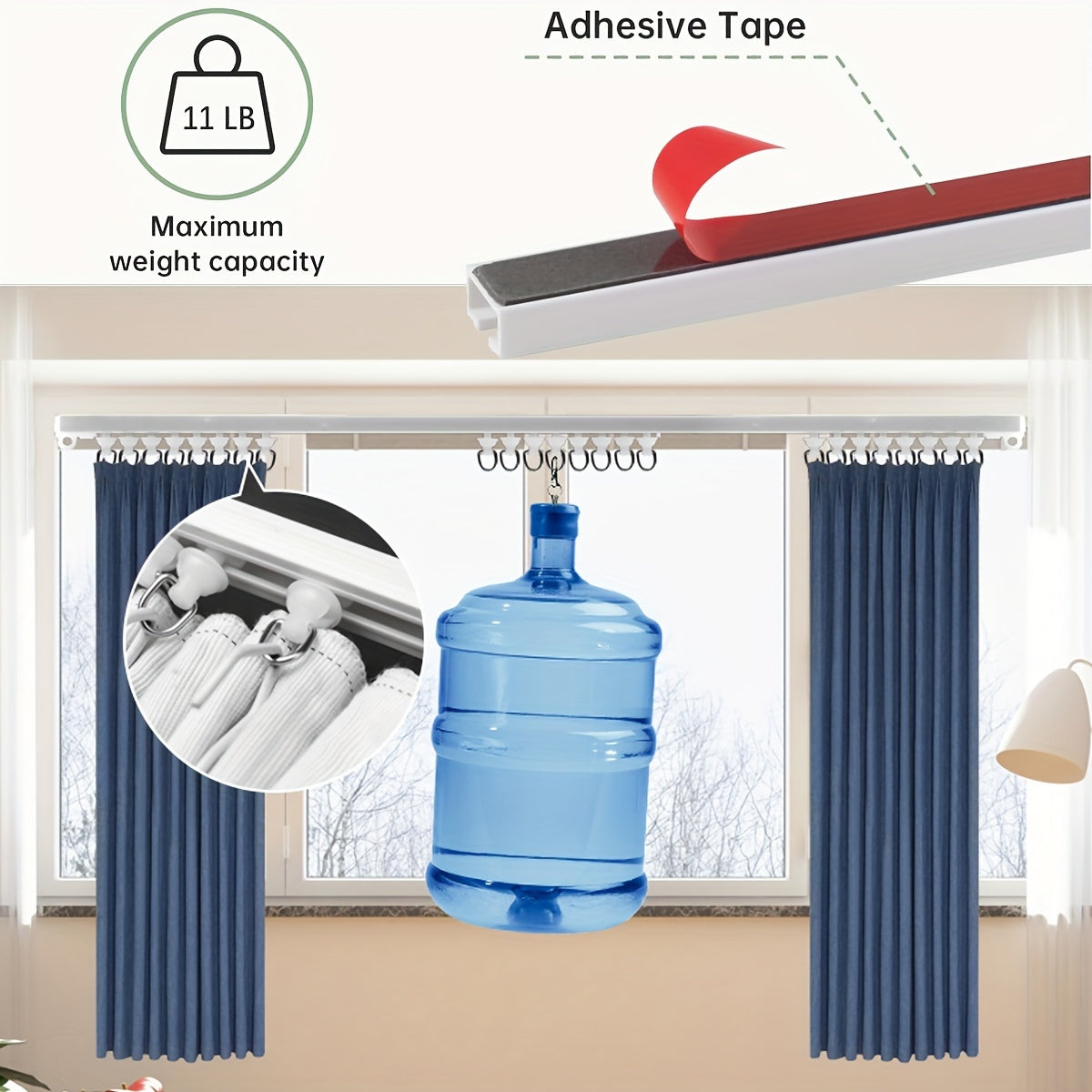 Red Self-Adhesive Bathroom Curtain Track with Silent Glide Nano Rail and Pulleys