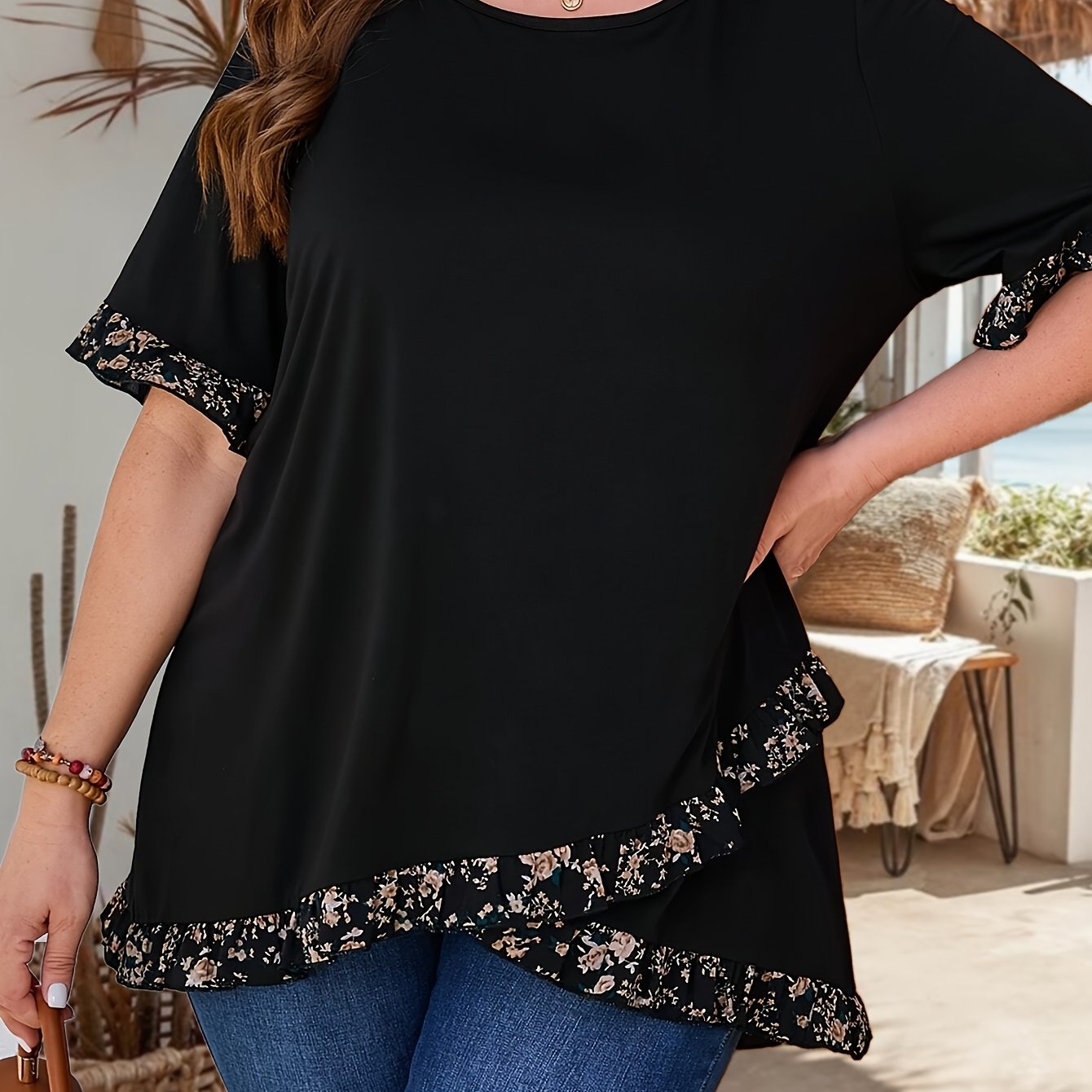 Plus Size Rose Gemstone Floral Print T-Shirt with Asymmetrical Hem