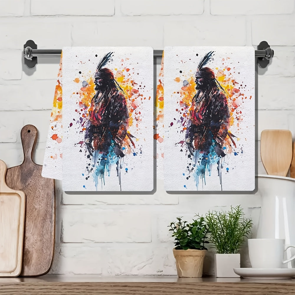 Set of 2 Absorbent Kitchen Towels with Sitting Bull Quote, 40x60 cm