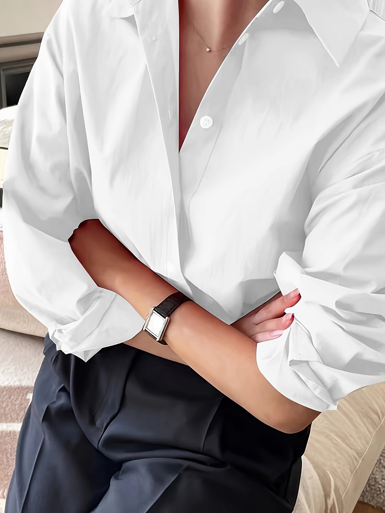 Camisa de manga larga de negocios casual en rosa claro para mujer, poliéster, ropa de oficina para todas las estaciones