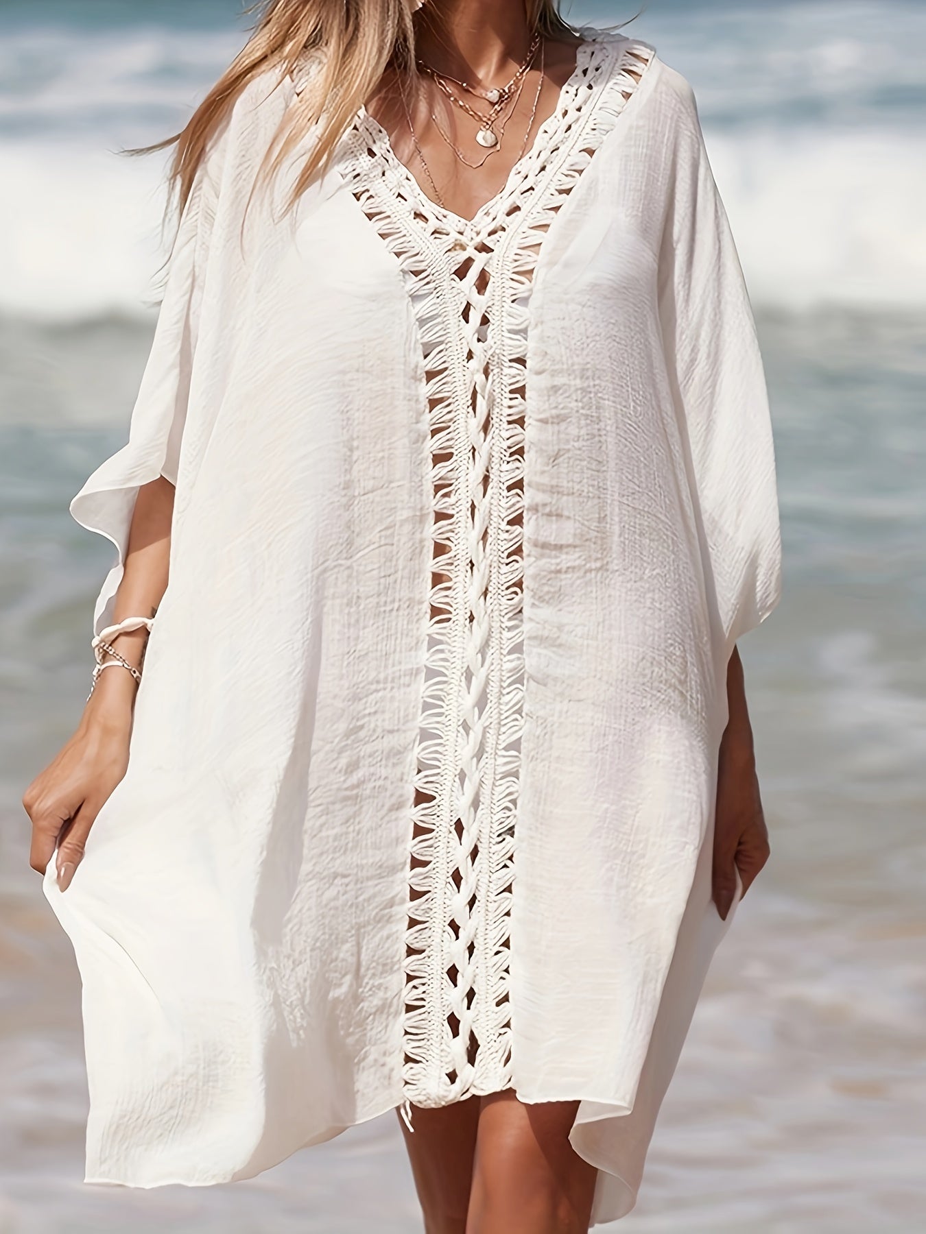 Women's Solid Color V Neck Crochet Trim Cover Up Dress for Beach Holiday