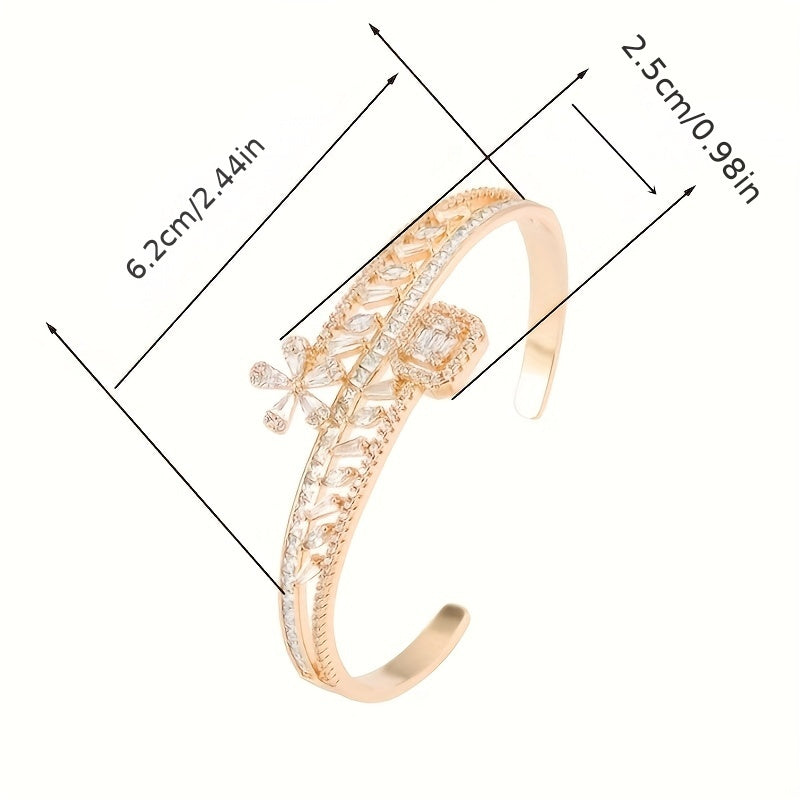 Adjustable Copper Bangle with Peach Blossom Design and Cubic Zirconia Inlay