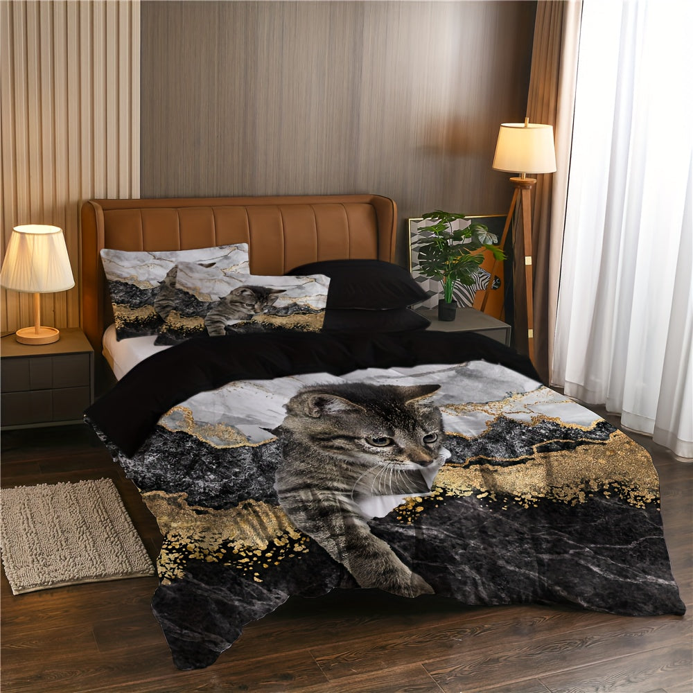 Cat Duvet Cover Set with Pet Cat Pattern and Cute Kitten Print for Kids Teens Bedding
