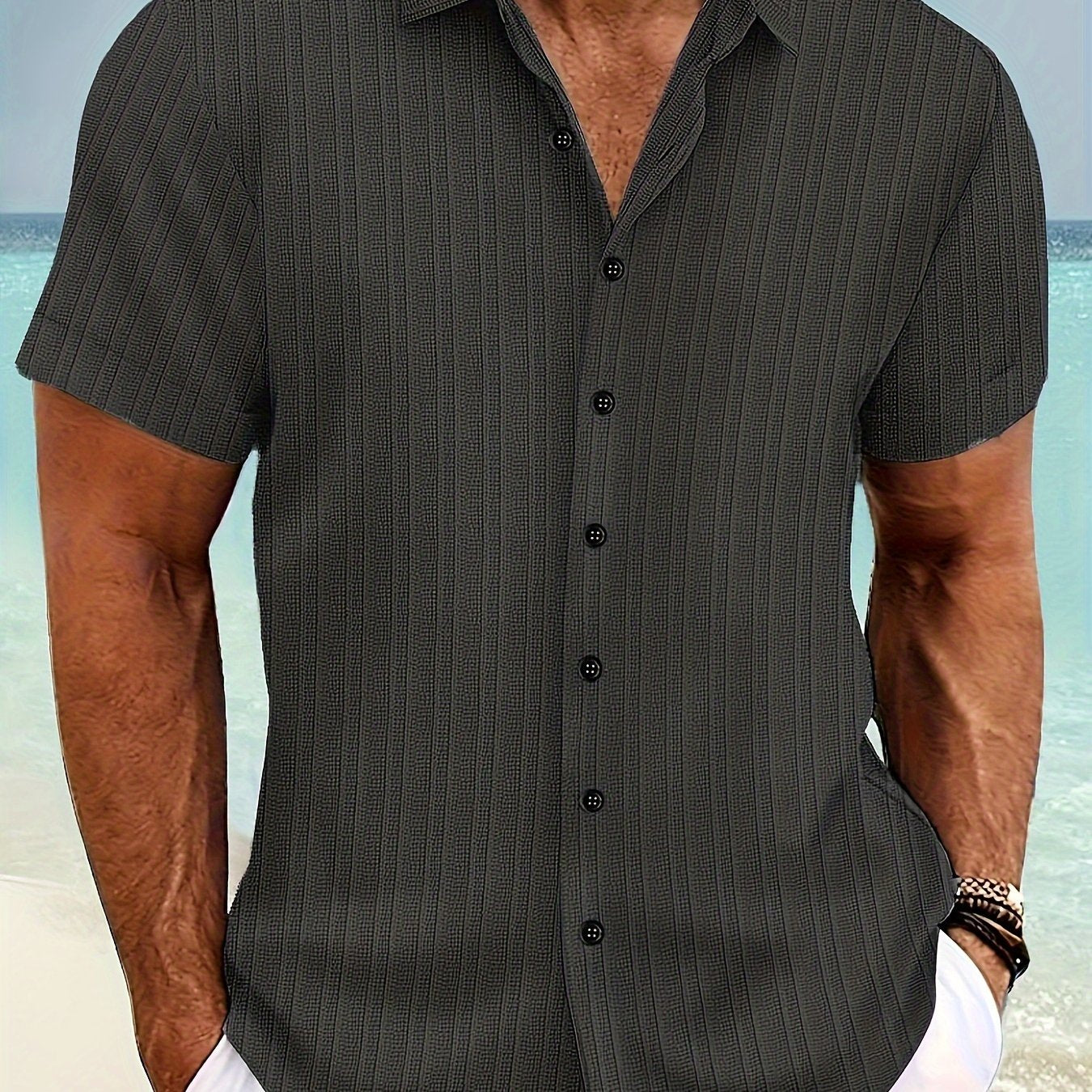 Men's Plus Size Blue Button-Up Shirt Casual Summer Lightweight Polyester Ribbed Texture