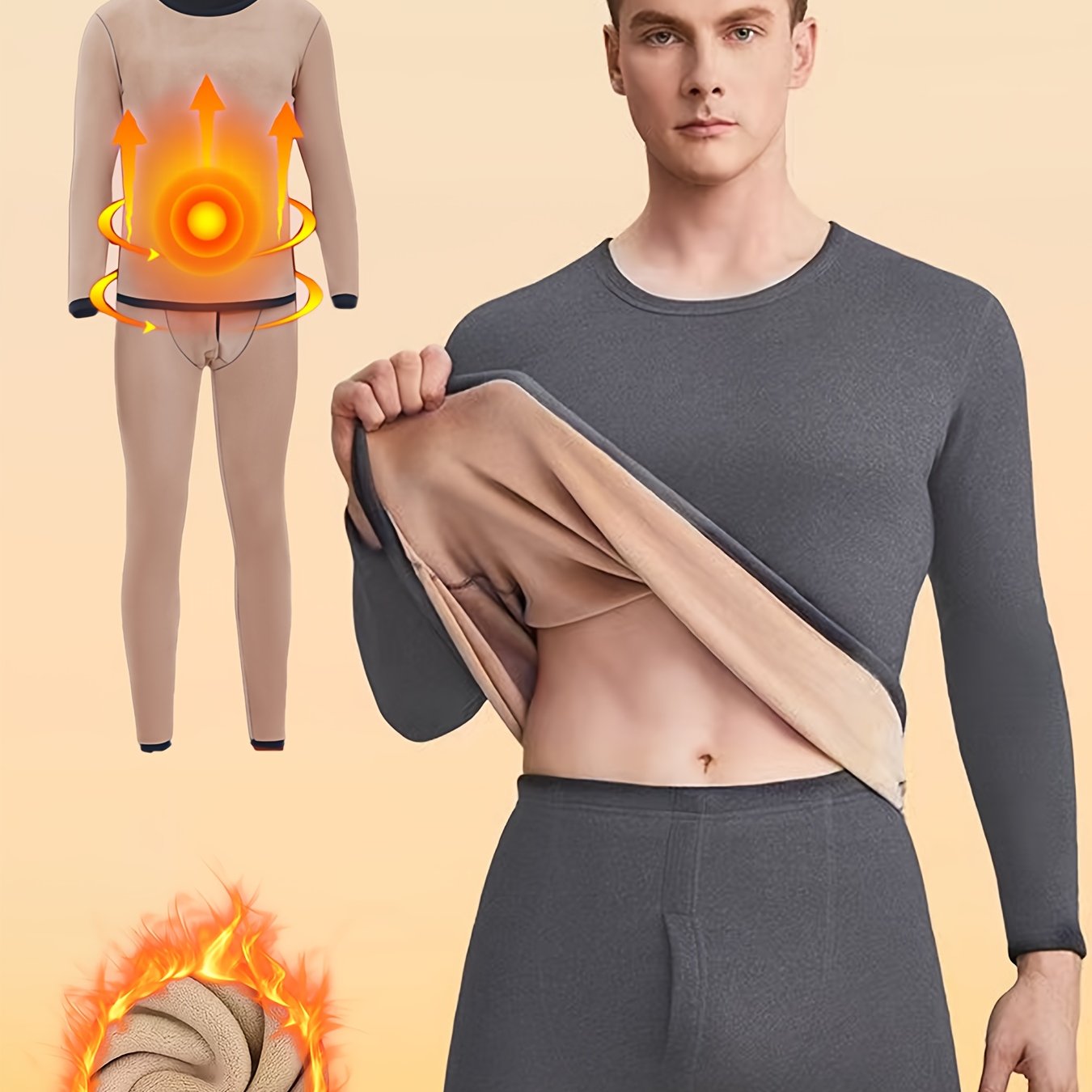Men's Winter Thermal Underwear Set Fleece-Lined Long Sleeve Crew Neck and Pants