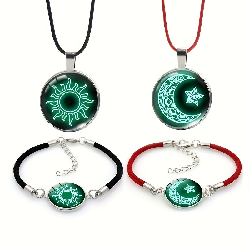 4 ta zamonaviy juftlik bilaguzuklari to'plami Quyosh, Oy va Yulduzlar dizayni + Vintage qatlamli marjon to'plami, Halloween/Christmas uchun mukammal do'stlik sovg'asi bo'lgan yorituvchi zargarlik.