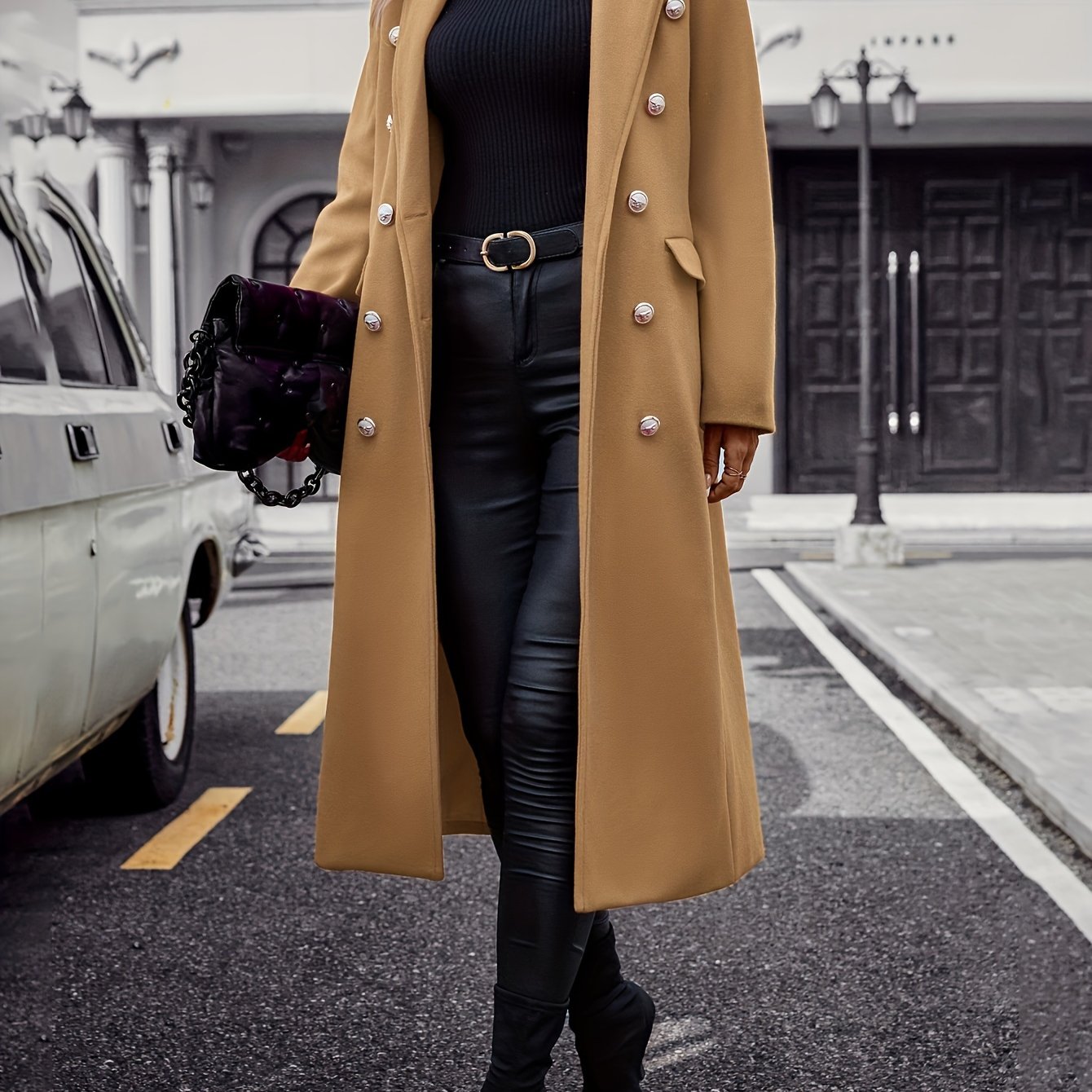 Women's Polyester Double-Breasted Coat with Lapel Long Sleeve Pockets Autumn Winter