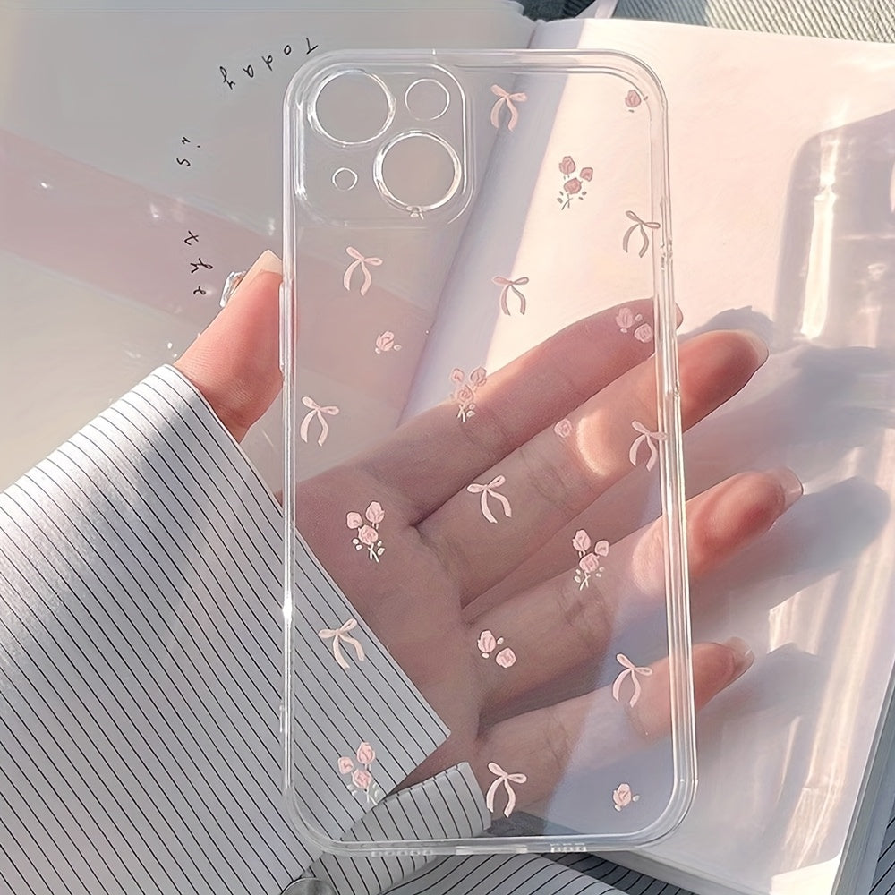 Transparent TPU Phone Case with Pink Bow Design for iPhone 11 12 13 14 15 16 Pro Max XR Plus