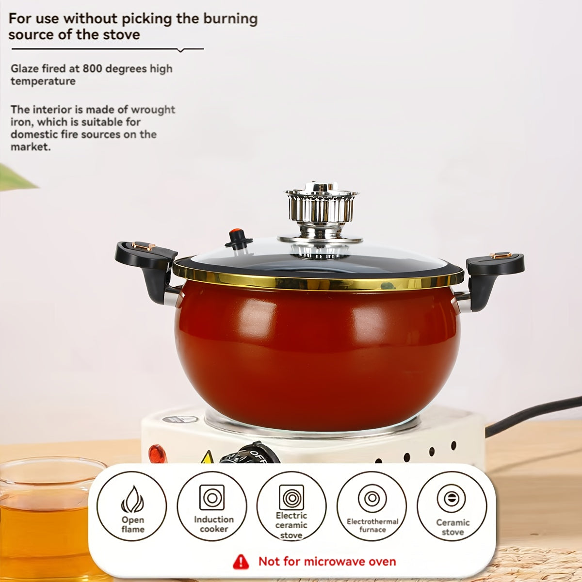 Enamel Pressure Cooker 236oz Black Red Golden Lid Automatic Timer Sealed Stovetop