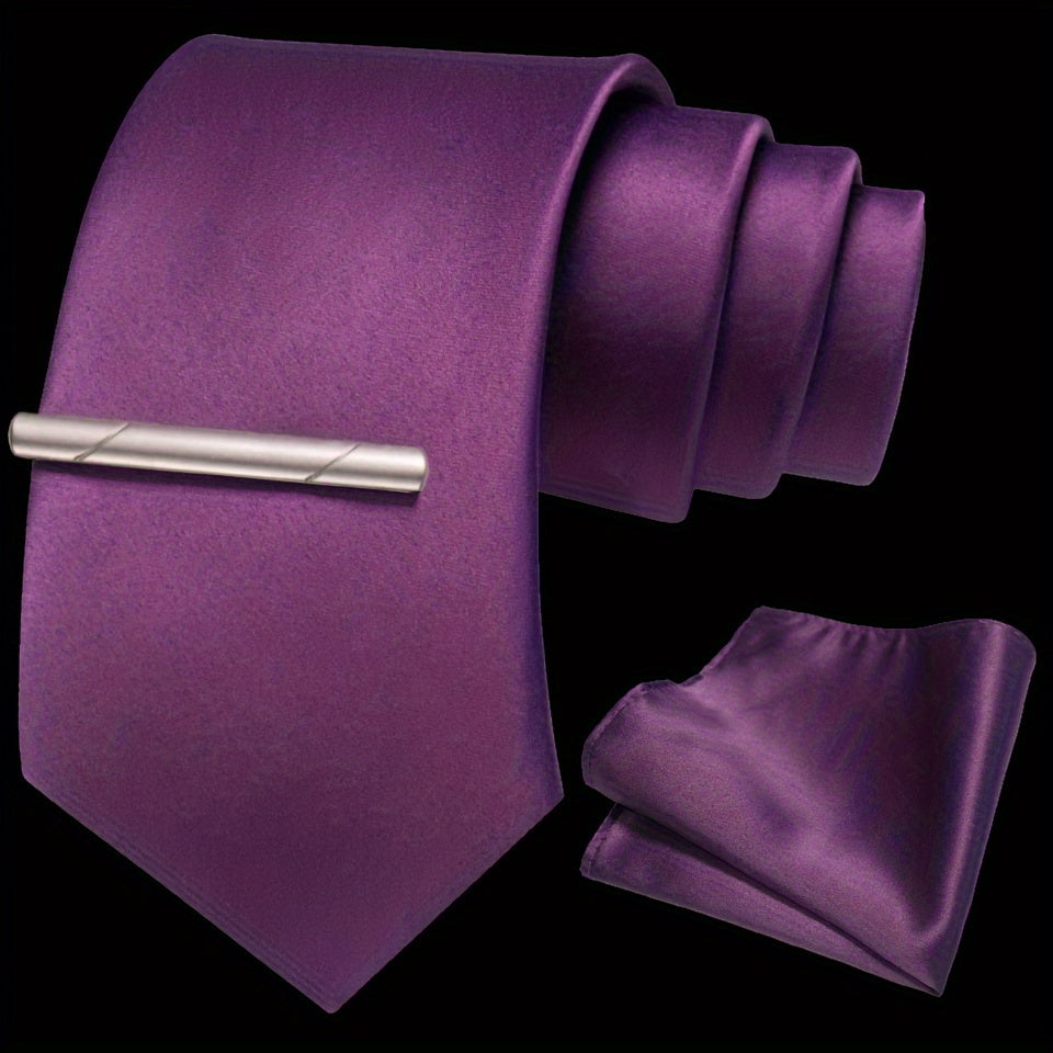 Erkaklar uchun bir rangli ipak aksessuarlar to'plami, galstuk, cho'ntak sharf, sochiq, galstuk klipi, rasmiy kiyimlar va sovg'alar uchun