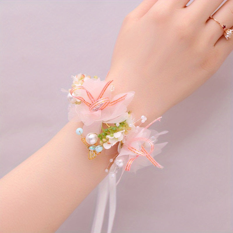 Wedding Wrist Corsages for Brides and Bridesmaids Fabric Flower Ribbon Bracelets