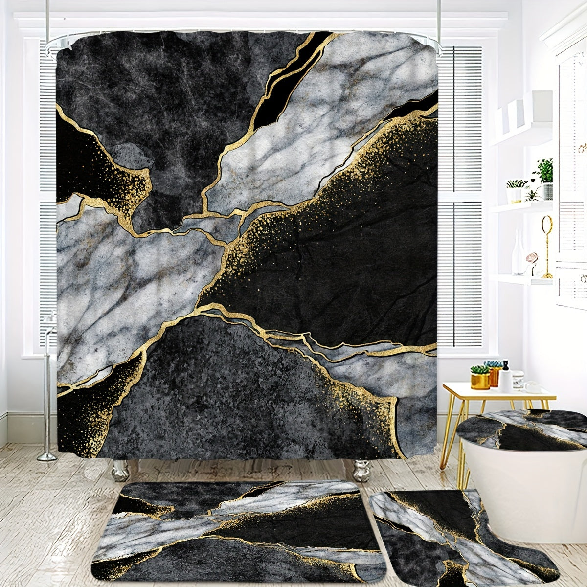 Marble Texture Shower Curtain Set with Black White Gold Crack Pattern Includes Hooks Bathroom Accessories