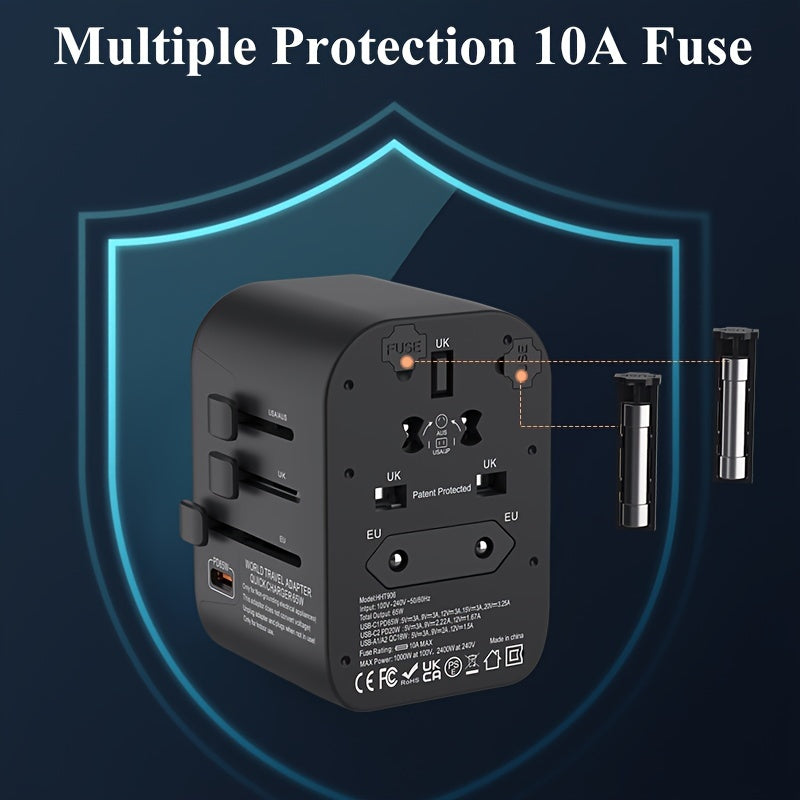 65W GaN tez zaryadlovchi Type-C sayohat adapteri, AQSh, Buyuk Britaniya, Yevropa Ittifoqi va Avstraliya standartlariga mos