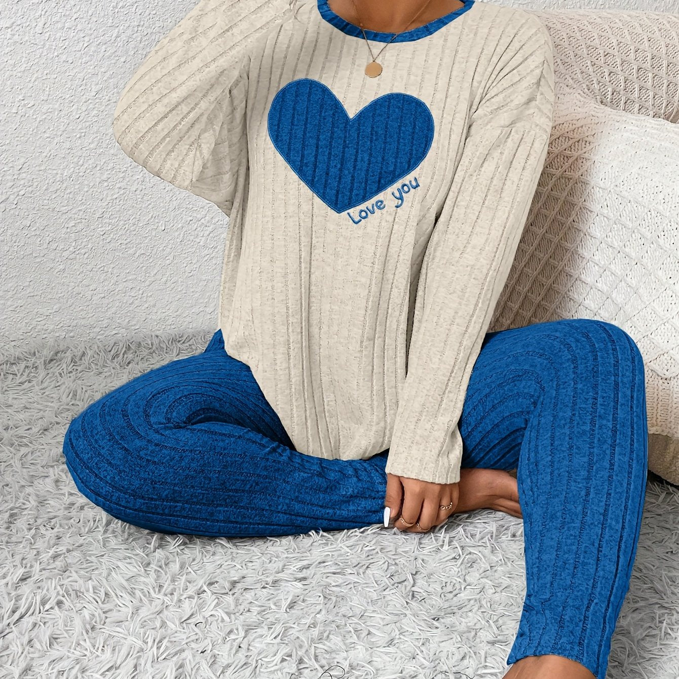 Plus Size Heart Fitted Long Sleeve and Long Pants Loungewear Set