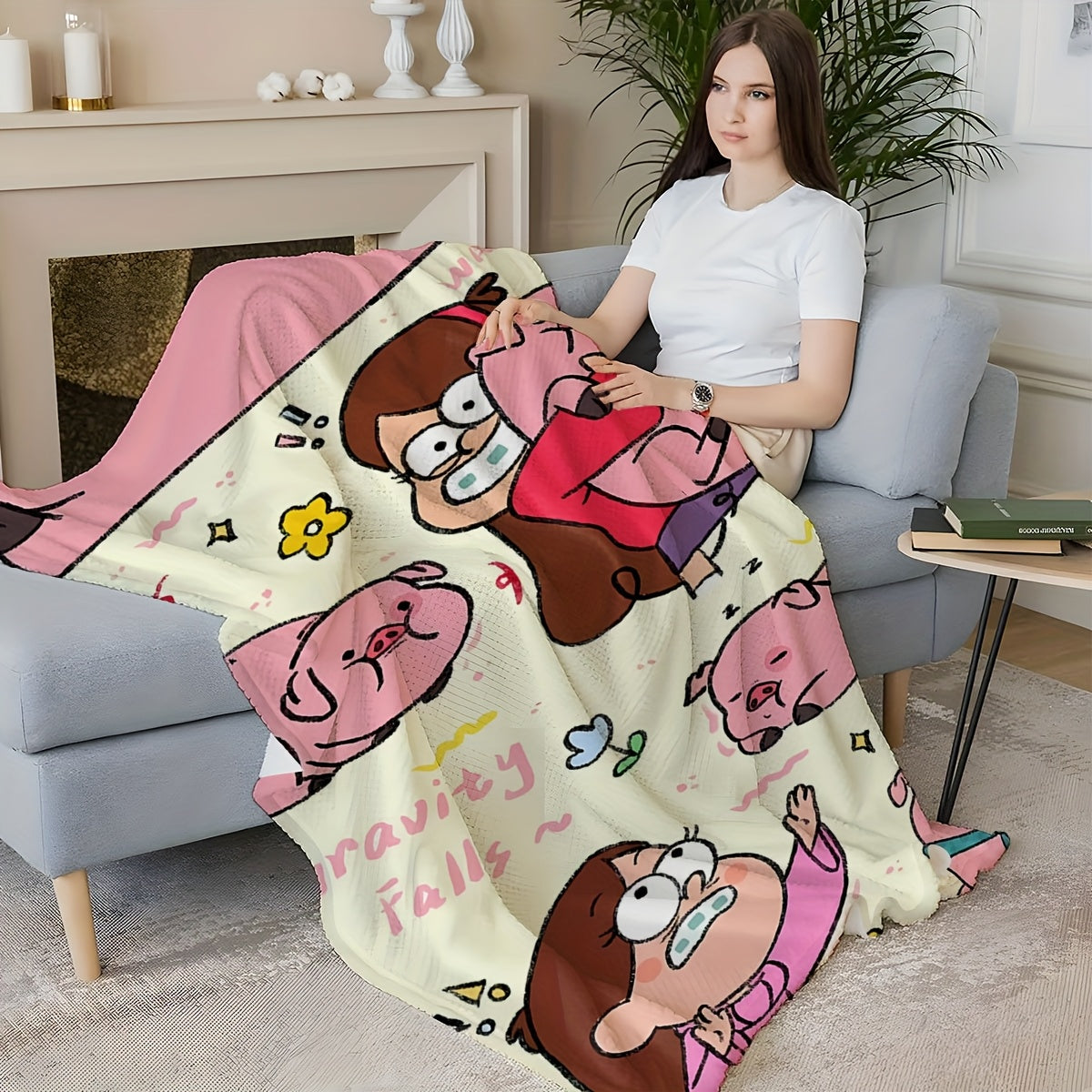 Knitted Throw Blanket with Gravity Falls Pig and Girl Print for All-Season Home Decor