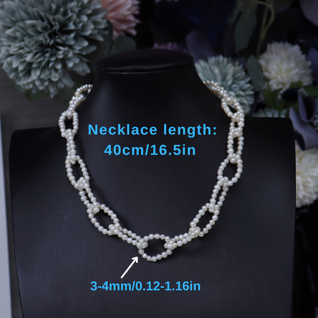 Women’s Clavicle Chain Necklace with Interlocking Design and Freshwater Pearl