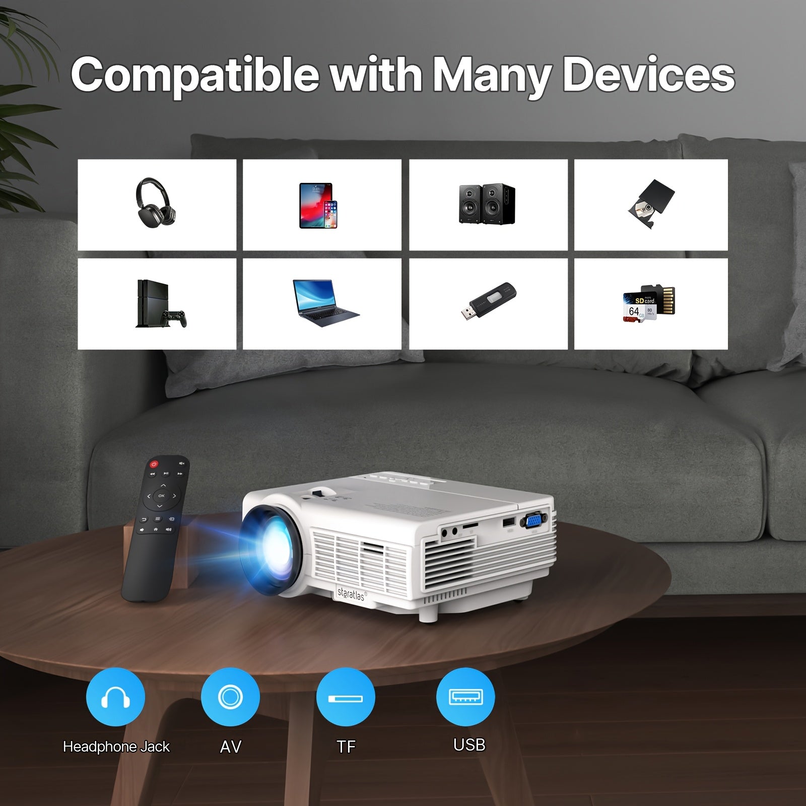 Мини HD-проектор с встроенным динамиком, беспроводной, для использования внутри и снаружи