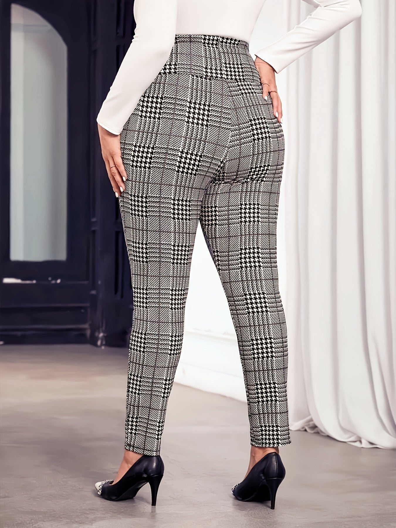 Plus Size Houndstooth Leggings High Waist Stretchy Non-See-Through All Seasons