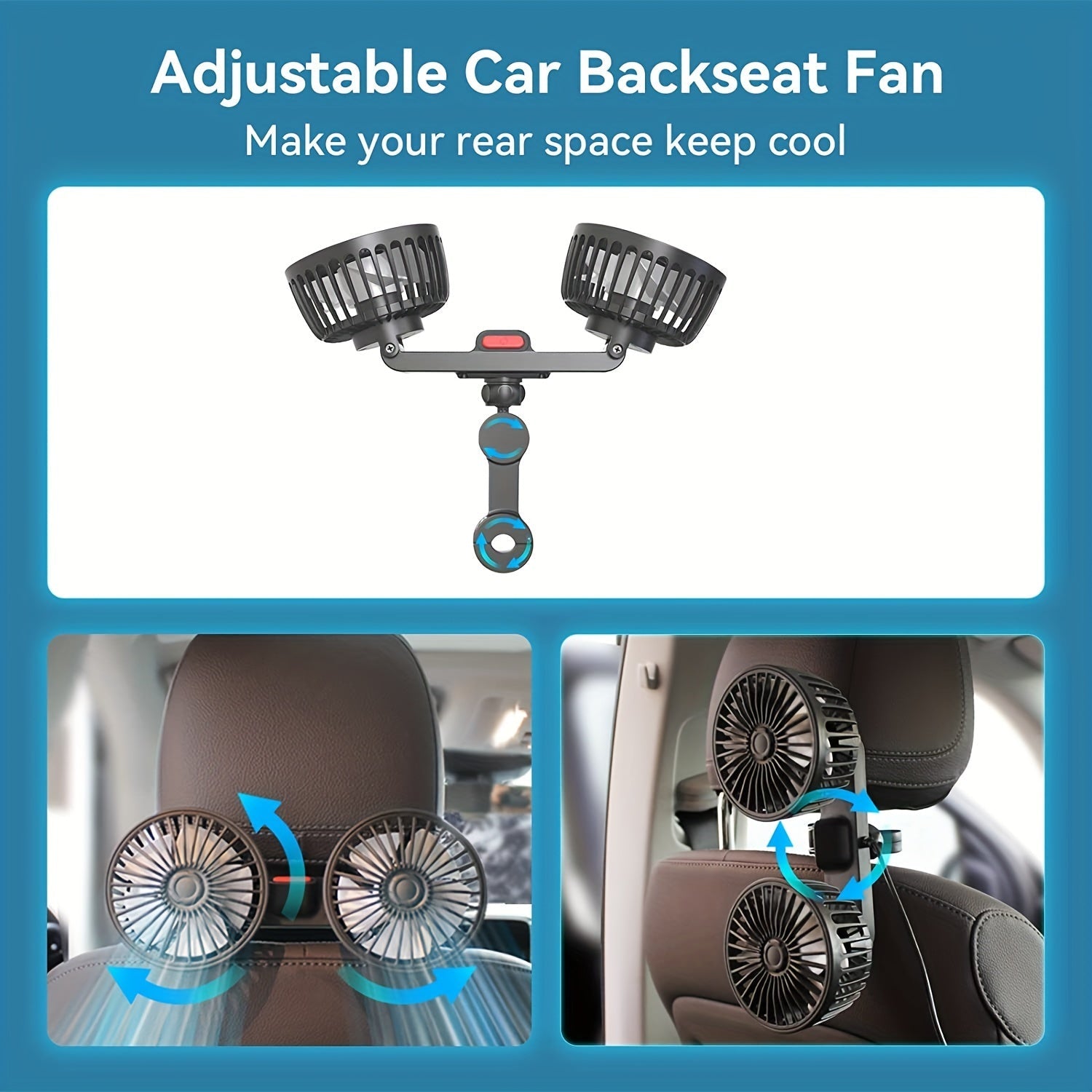 Car Fan Air Conditioner Portable Double-Headed Rear Fan 360° Rotation