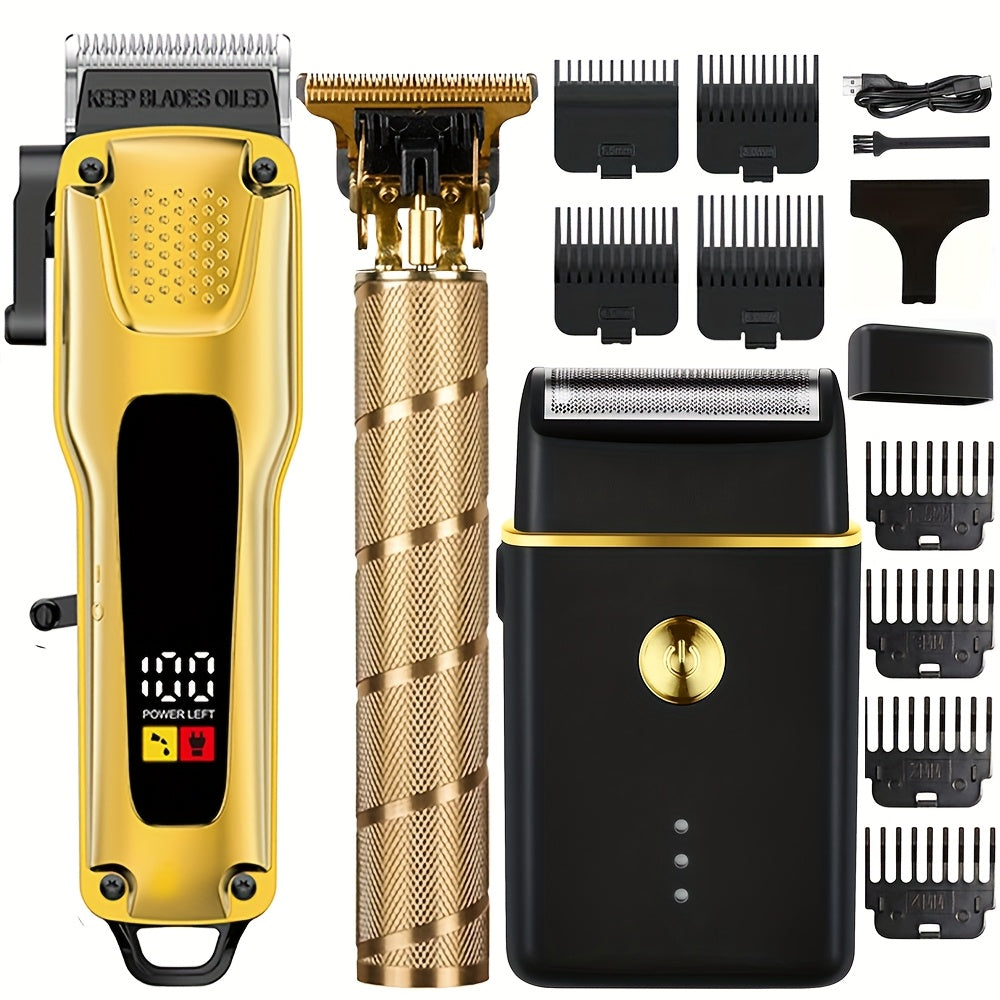 3-piece professional hair clipper trimmer set with USB rechargeable LCD display electric razor T-shape blade hair dryer