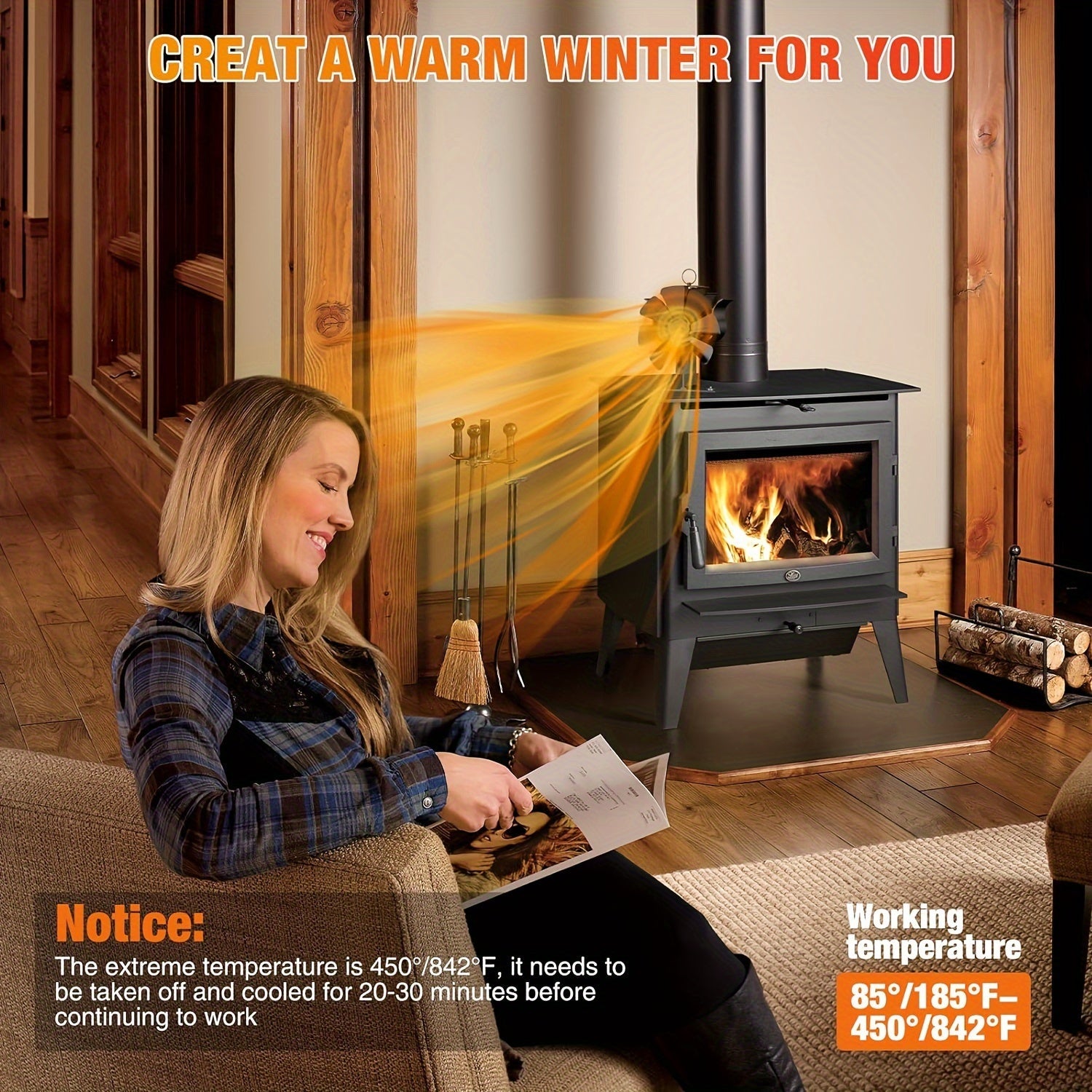 Алюминиевый 8-лопастной вентилятор для каминной печи с термометром и высокоскоростной полированной отделкой - не требует электричества, бесшумная работа, идеально подходит для дровяных каминов и печей зимой, не подходит для печей из талькохлорита/пеллет.