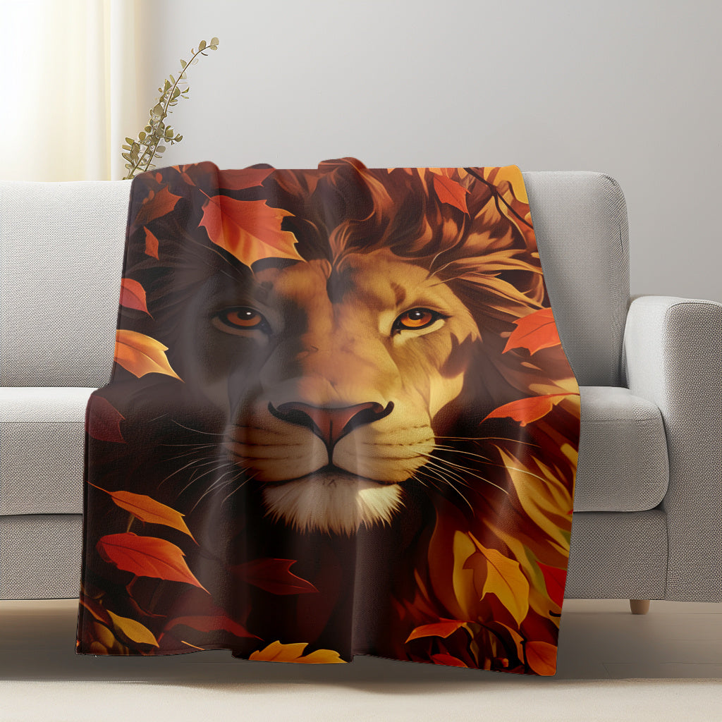Autumn Lion Portrait Flannel Throw Blanket Soft Warm Anti-Tear Digital Print