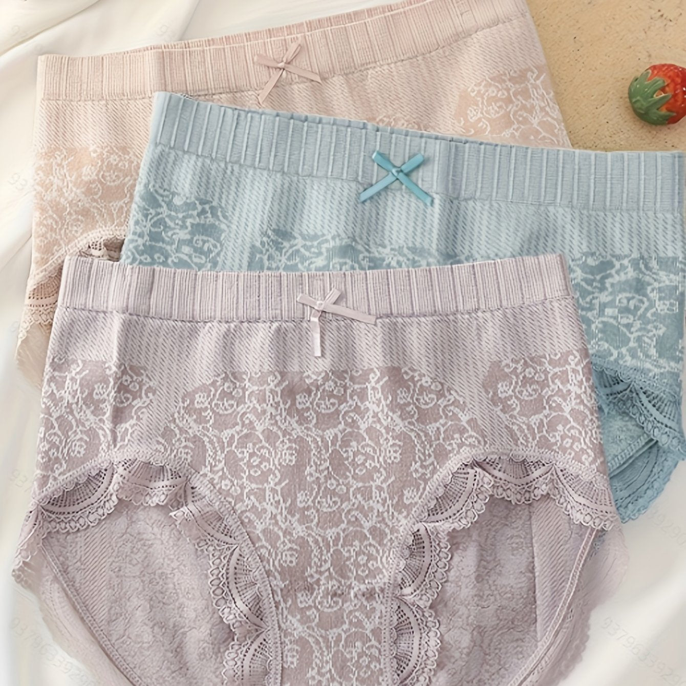 3Pcs Floral Lace Women's Seamless Panties with Bow in Light Purple Blue Lavender