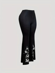 Plus Size Butterfly Print Flare Leg Pants Casual Stretch Summer Women
