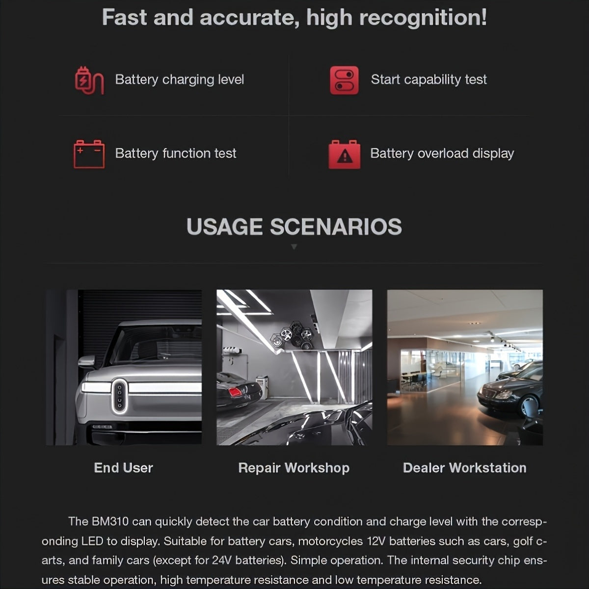 Probador de batería de coche analizador digital para coches y motocicletas con pantalla LED