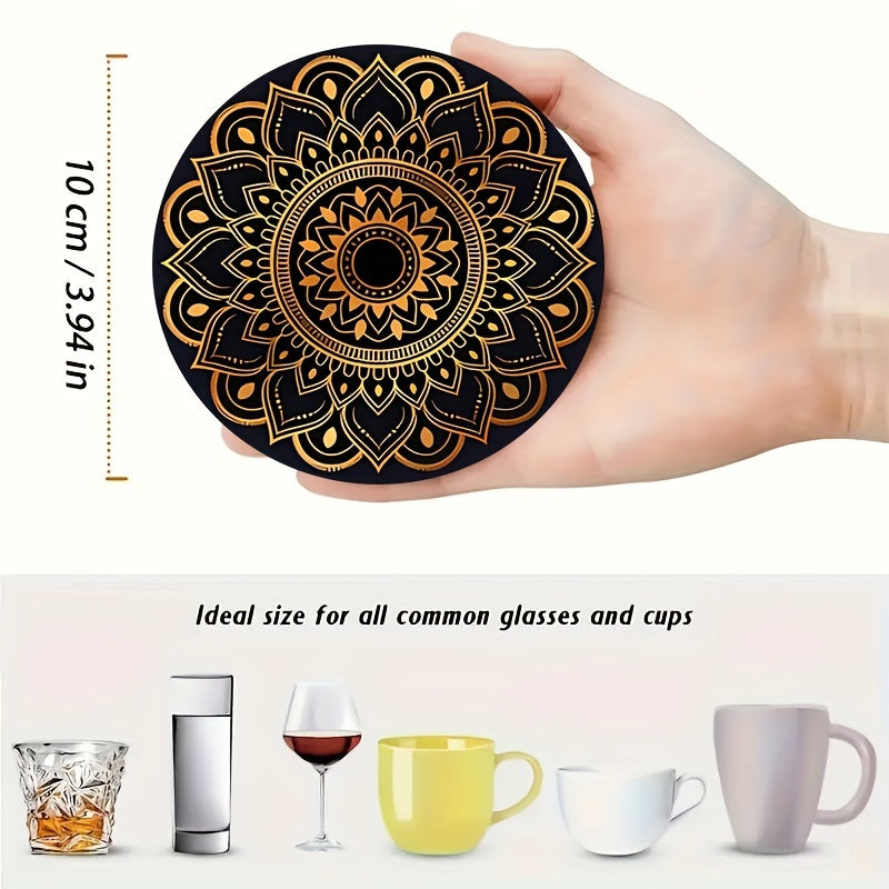 Golden Mandala Coaster Set with Intricate Design for Beverages and Gift Giving