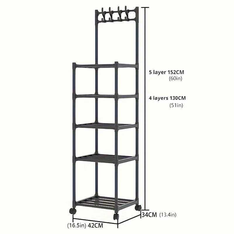 Регулируемая металлическая стеллаж с крючками, 4 полки, напольный для кухни, спальни, прачечной