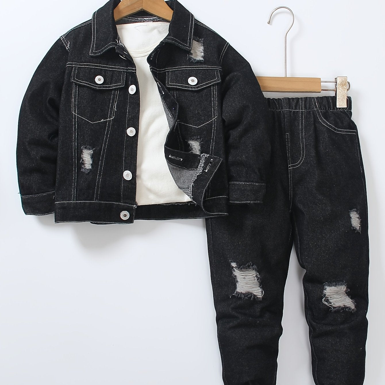 Denim Long-Sleeved Suit for Men and Children with Elastic Waist for Spring and Autumn