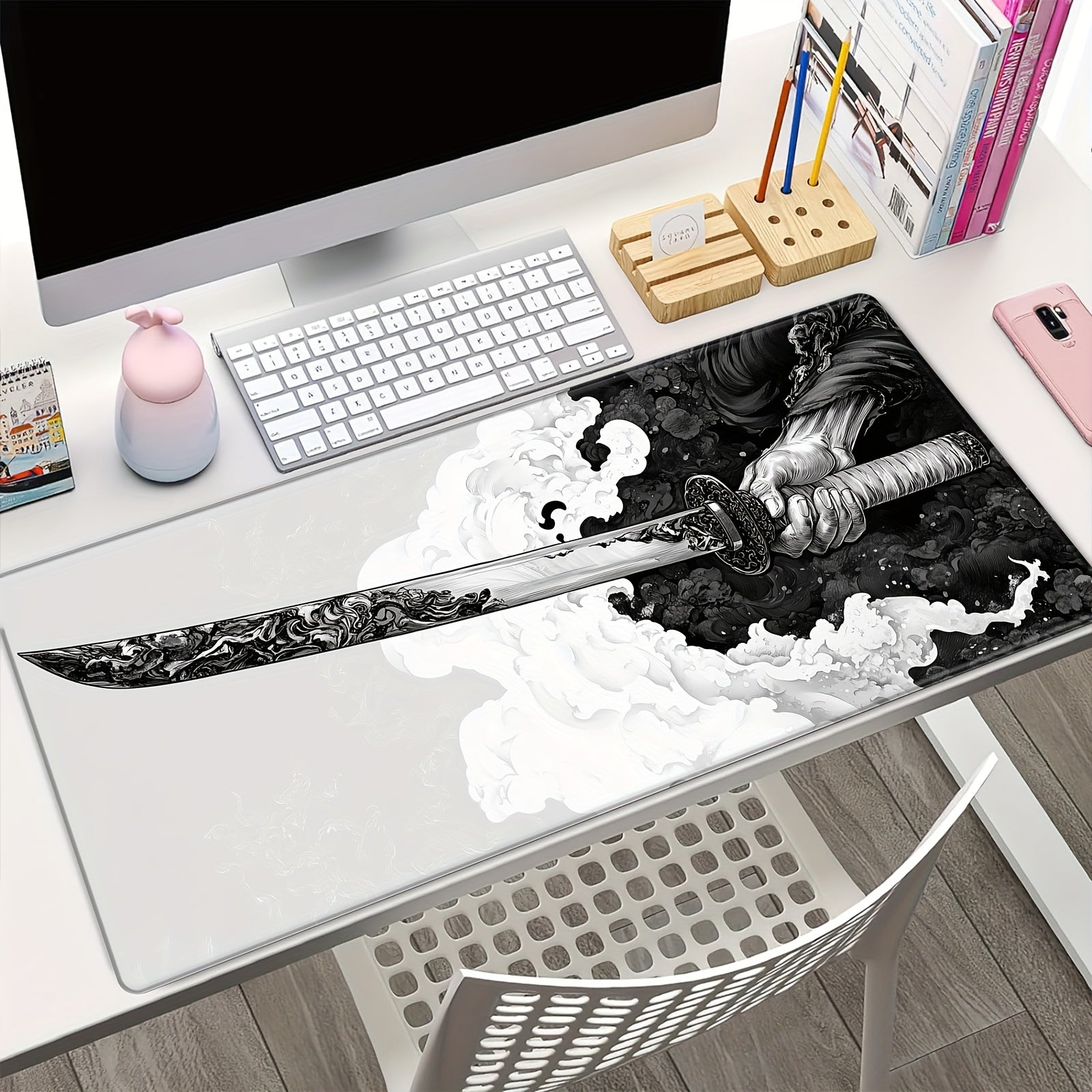 Large Japanese Samurai Sword Gaming Mouse Pad 80x30 cm Natural Rubber Desk Mat Durable Edges