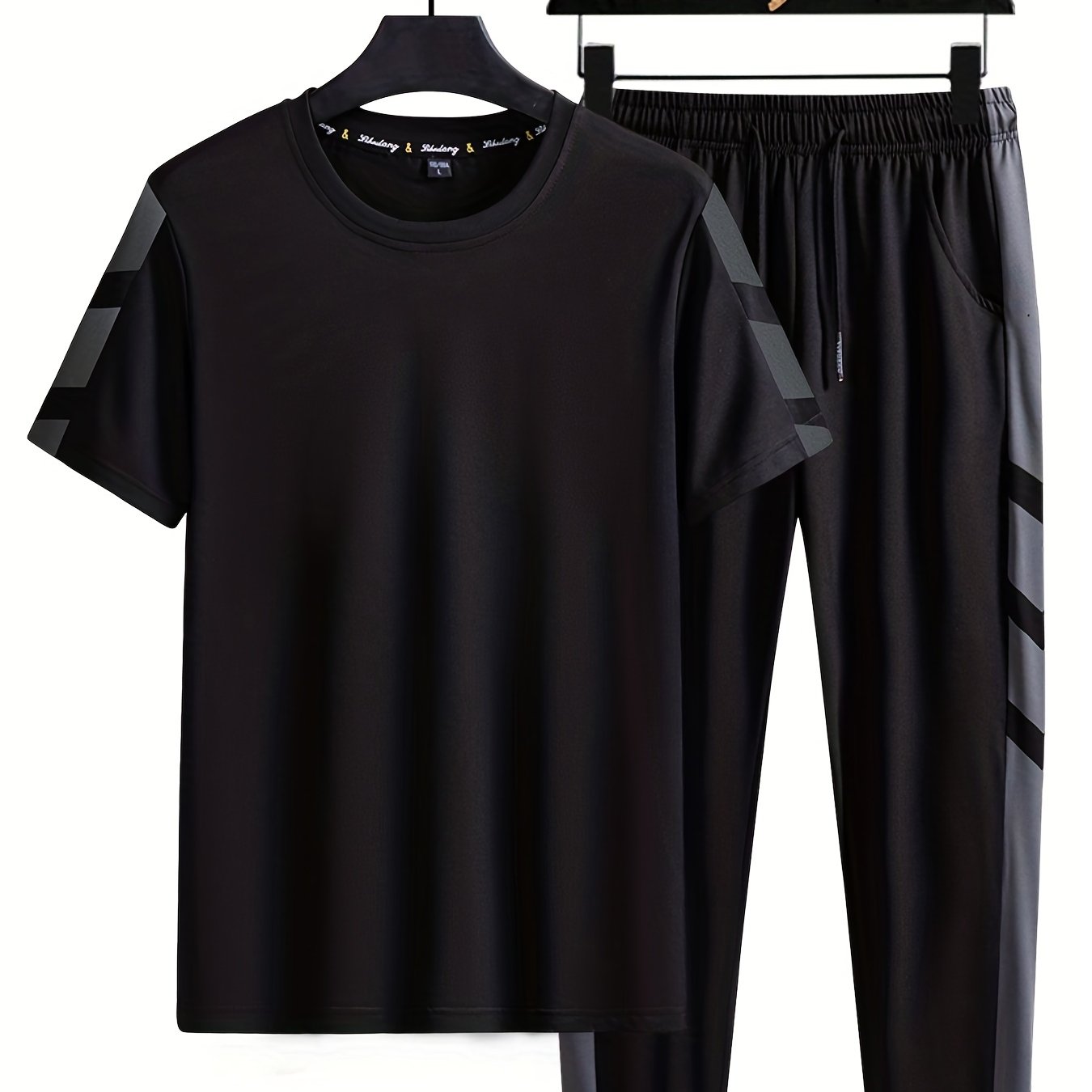 Men's Polyester Casual Leisure Suit with Solid Color Pattern and Crew Neck