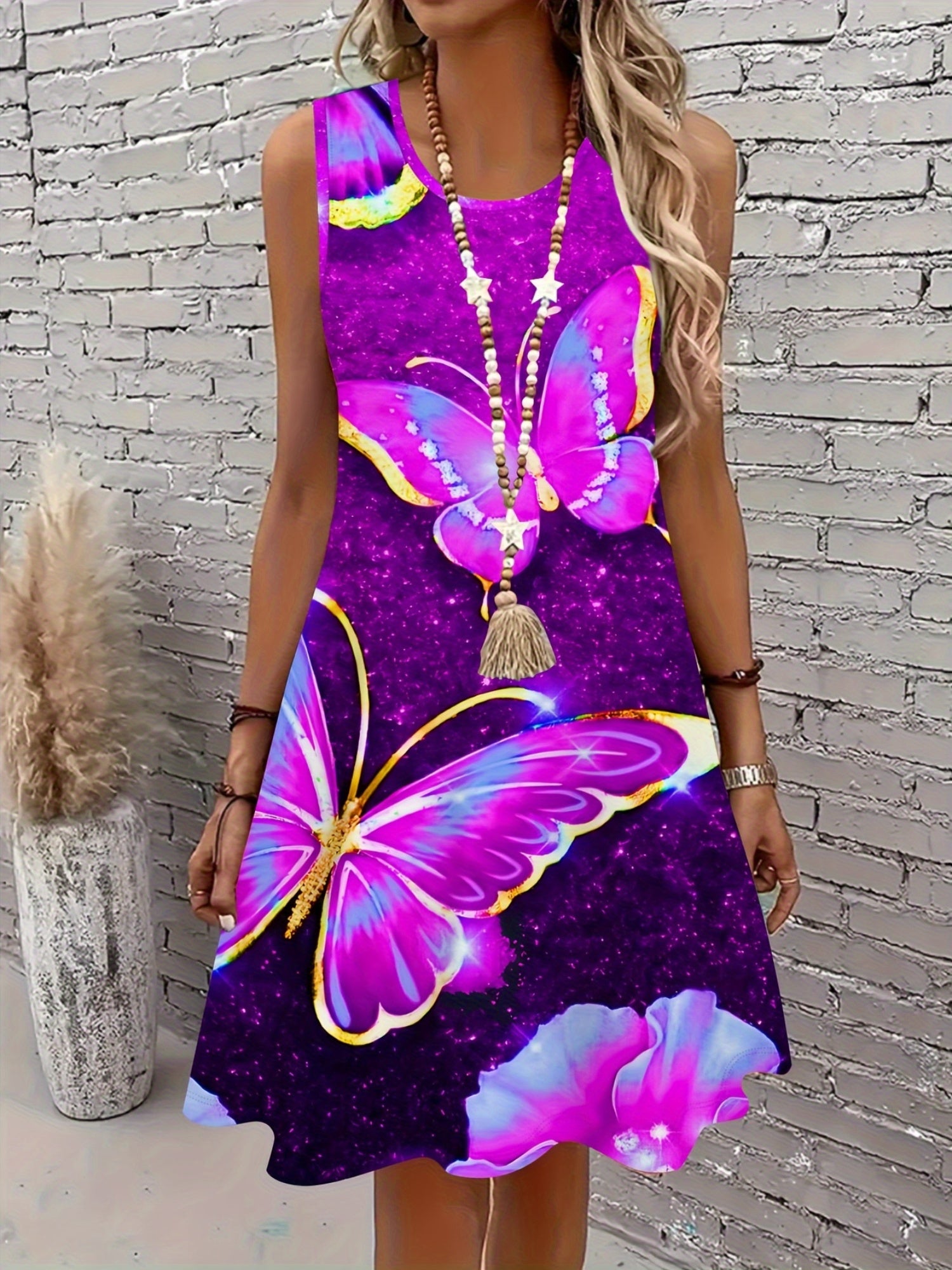 Plus Size Women's Sleeveless Sports Dress Vibrant Purple Butterfly Print