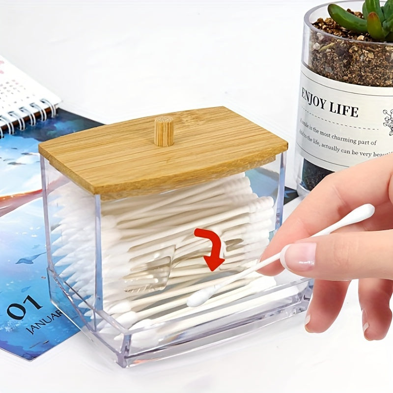 Cotton Pad Holder with Bamboo Lid Bathroom Organization Accessory for Men and Women