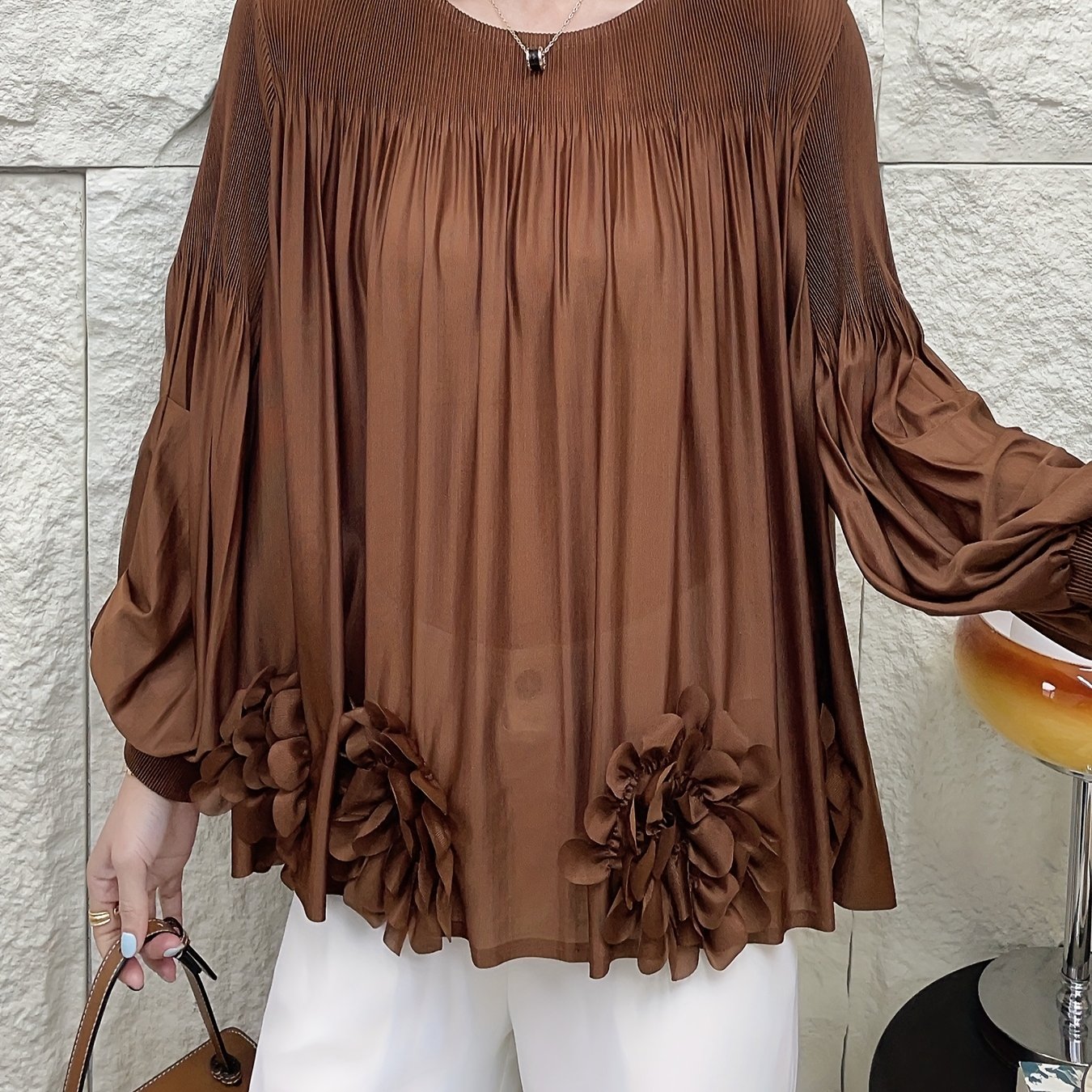 Women's Oversized Pleated Blouse with Floral Applique Light Blue Long Sleeve