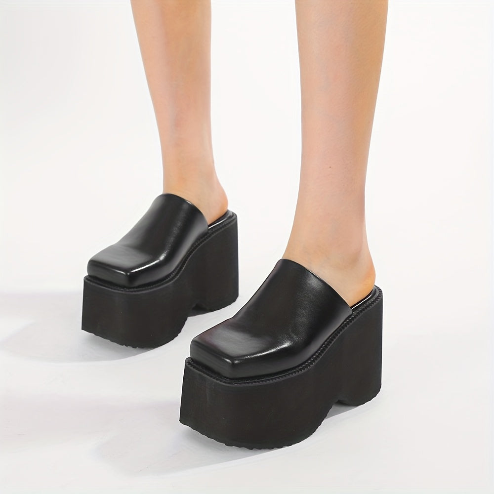 Women Black Square Toe Platform Mules Slip-On Loafers with Thick Heels