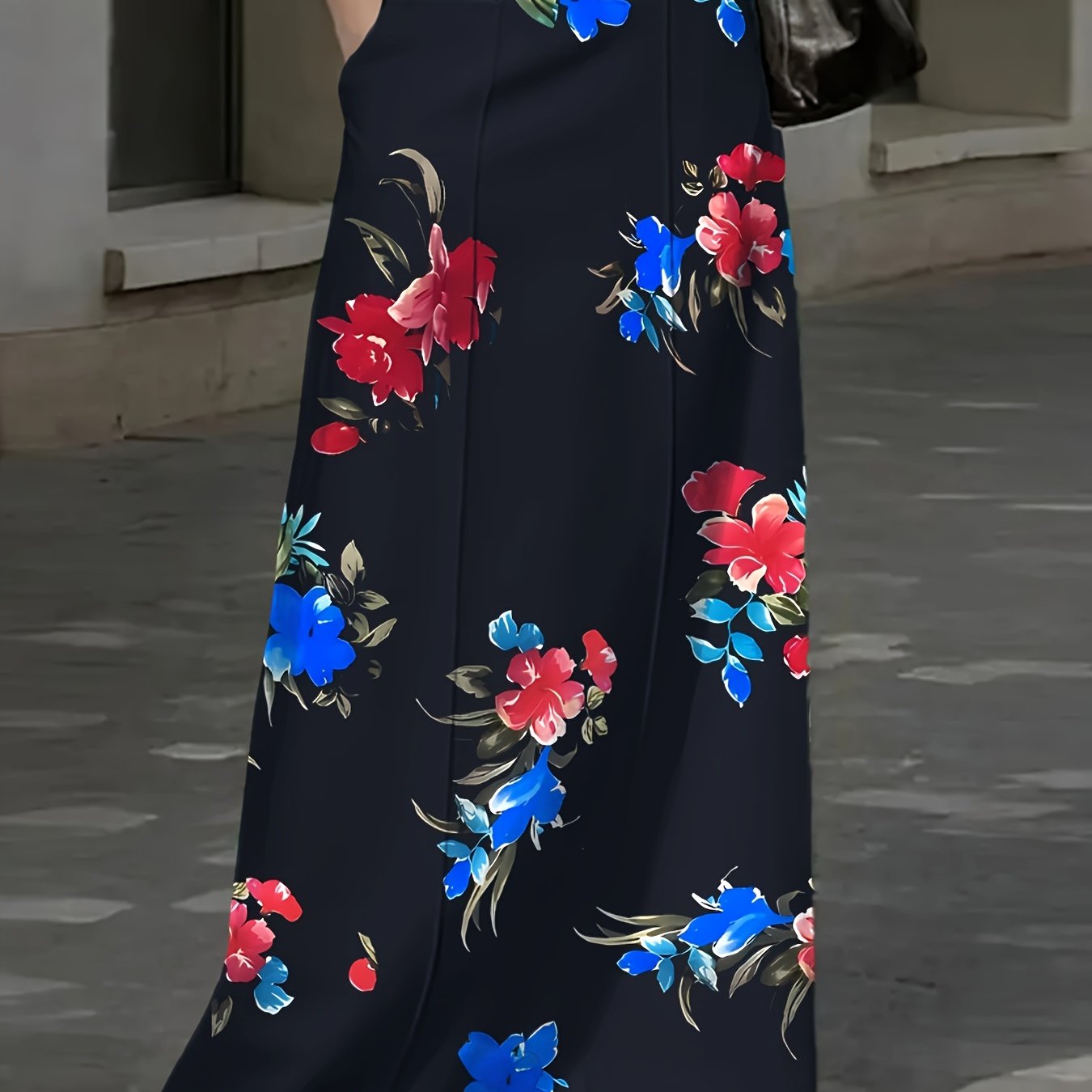 Plus o'lchamli gul bosma bilan cho'ntakli yuqori bel polyester barcha mavsumlar uchun skjørt