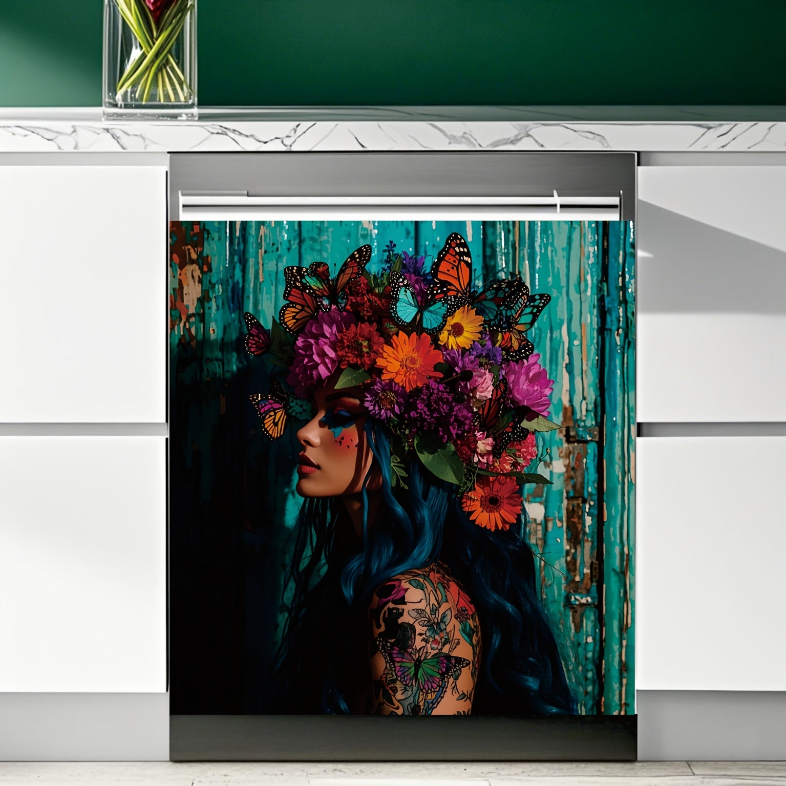 Ko'k sochli ayol gulchambar, kapalak taxtasi, uy bezaklari va sovg'alar uchun magnit