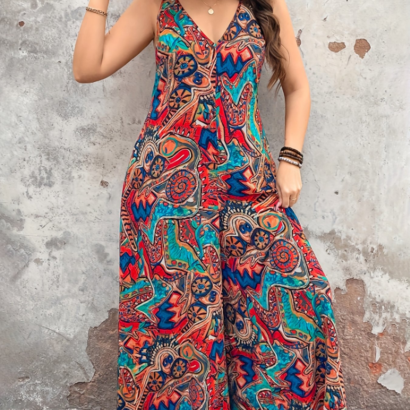 Vestido largo sin mangas de escote en V para mujer talla grande con mono de estampado paisley vibrante