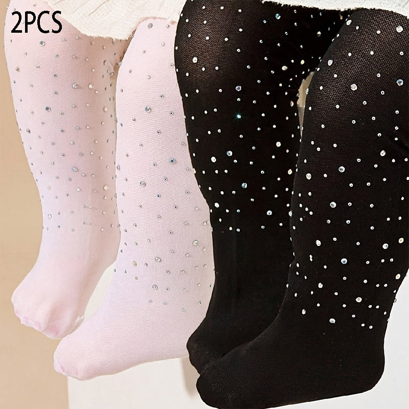 Baby Girls Tights Black and White Rhinestone-Studded Knit Polyester All-Season