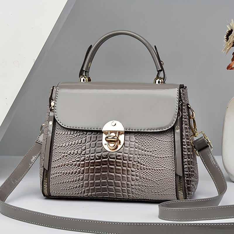 Women's Crocodile Pattern PU Handbag with Buckle Closure and Large Capacity for Shoulder Use