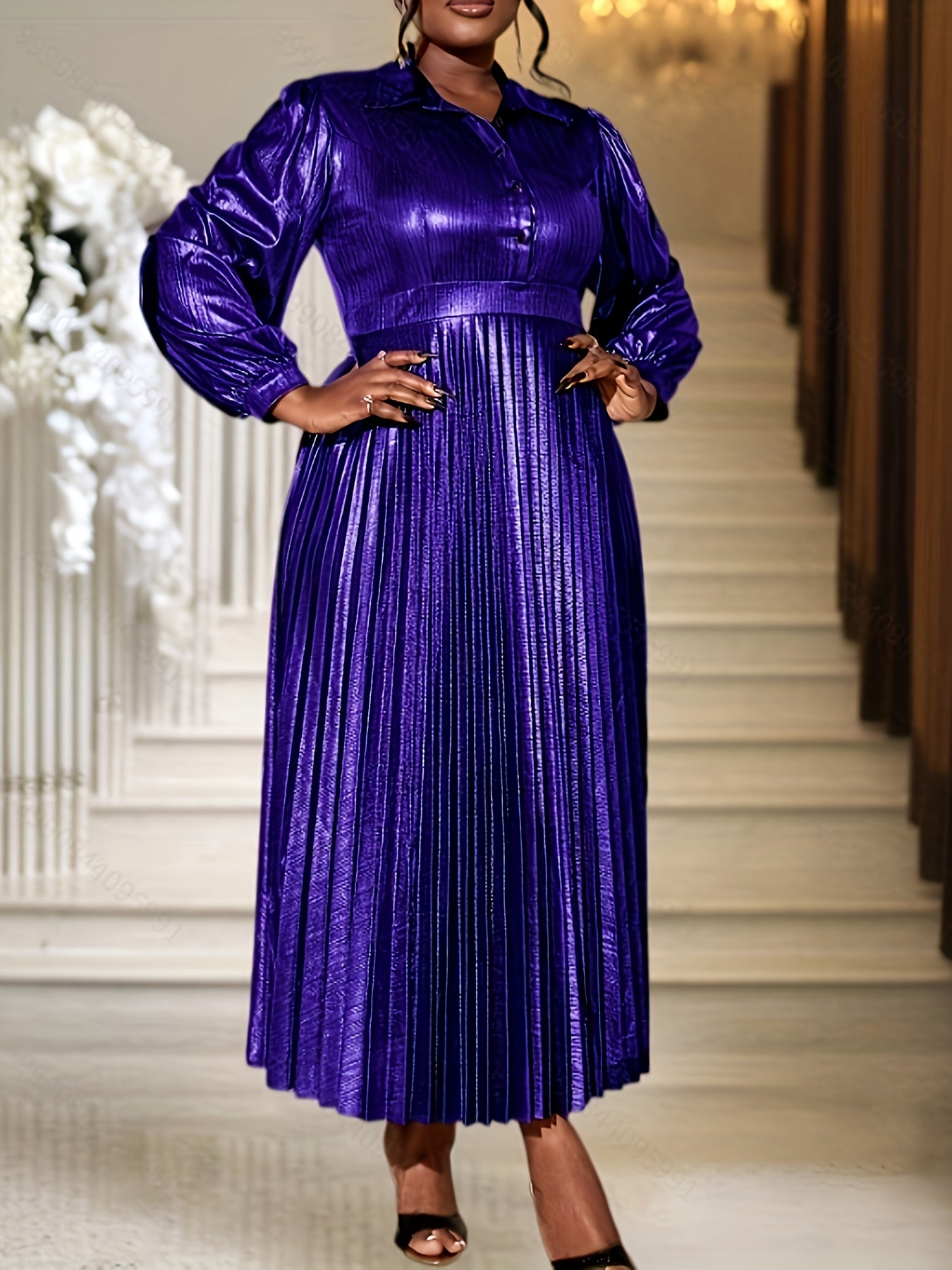 Women Gold A-Line Party Dress Long Sleeve Pleated Evening Gown