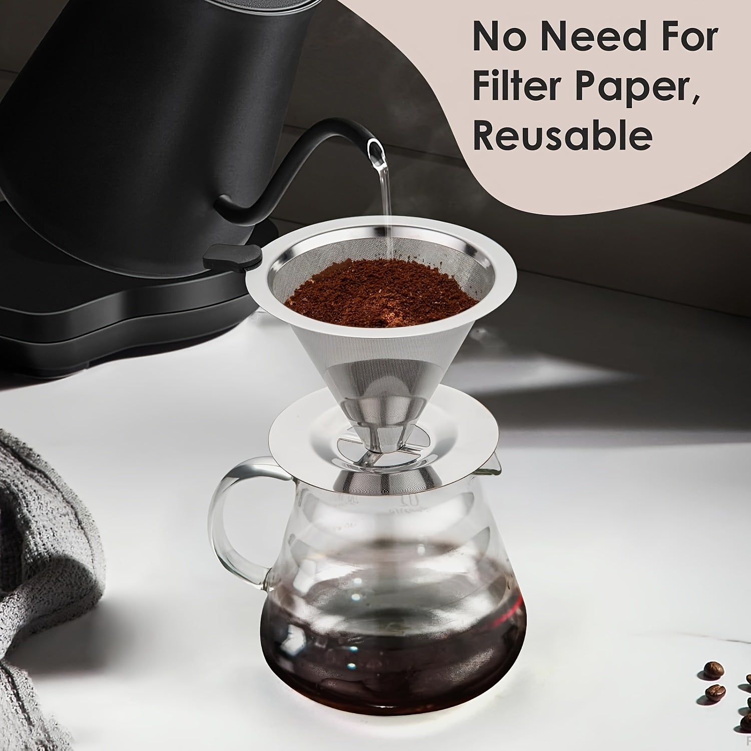 Reusable Stainless Steel Coffee Filter Double-Layer Washable Durable Pour Over